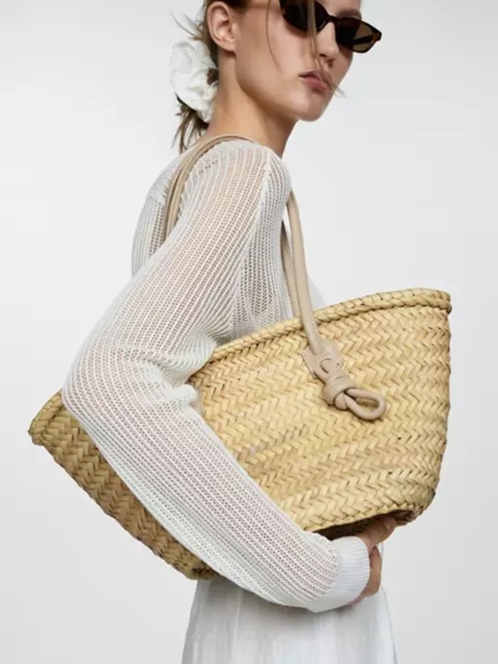 Mango Natural Straw Tote with Beige Leather Handles - Picture 4 of 10
